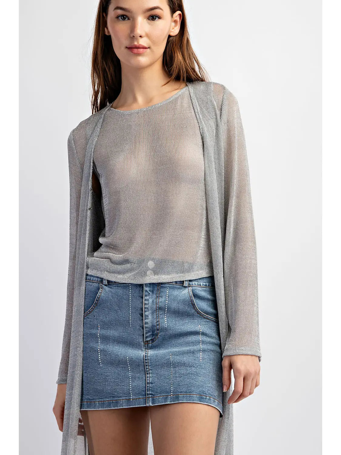 Silver Sheer Knit Longline Open Front Cardigan