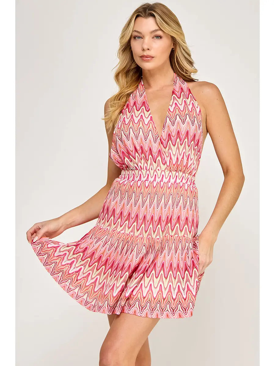 Pink Chevron Halter Neck Flowy Mini Dress