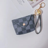 Checkered Mini Coin Pouch Keychain with Wrist Strap