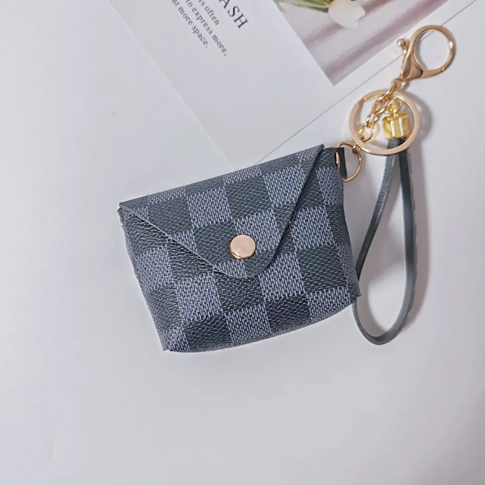 Checkered Mini Coin Pouch Keychain with Wrist Strap