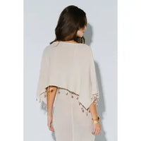 Nude Sheer Knit Poncho Top with Shell Tassel Trim
