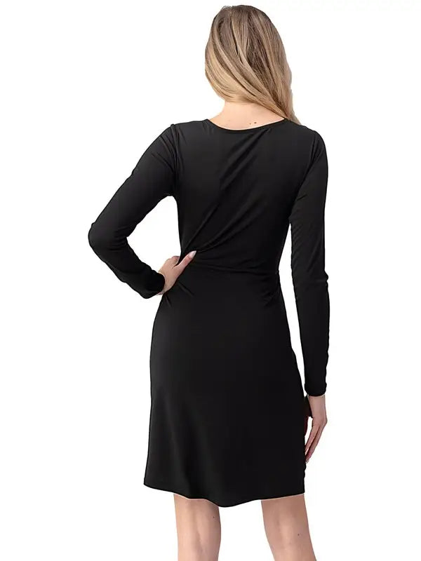 Black Twist Front Long Sleeve V-Neck Dress