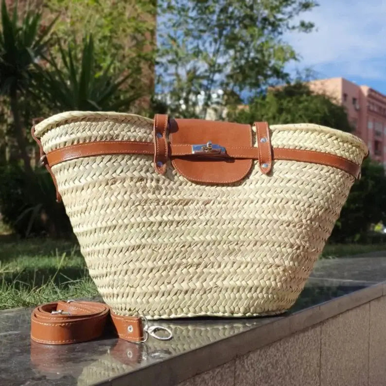 Large Moroccan Straw Beach Basket with Leather Trim French Market Tote