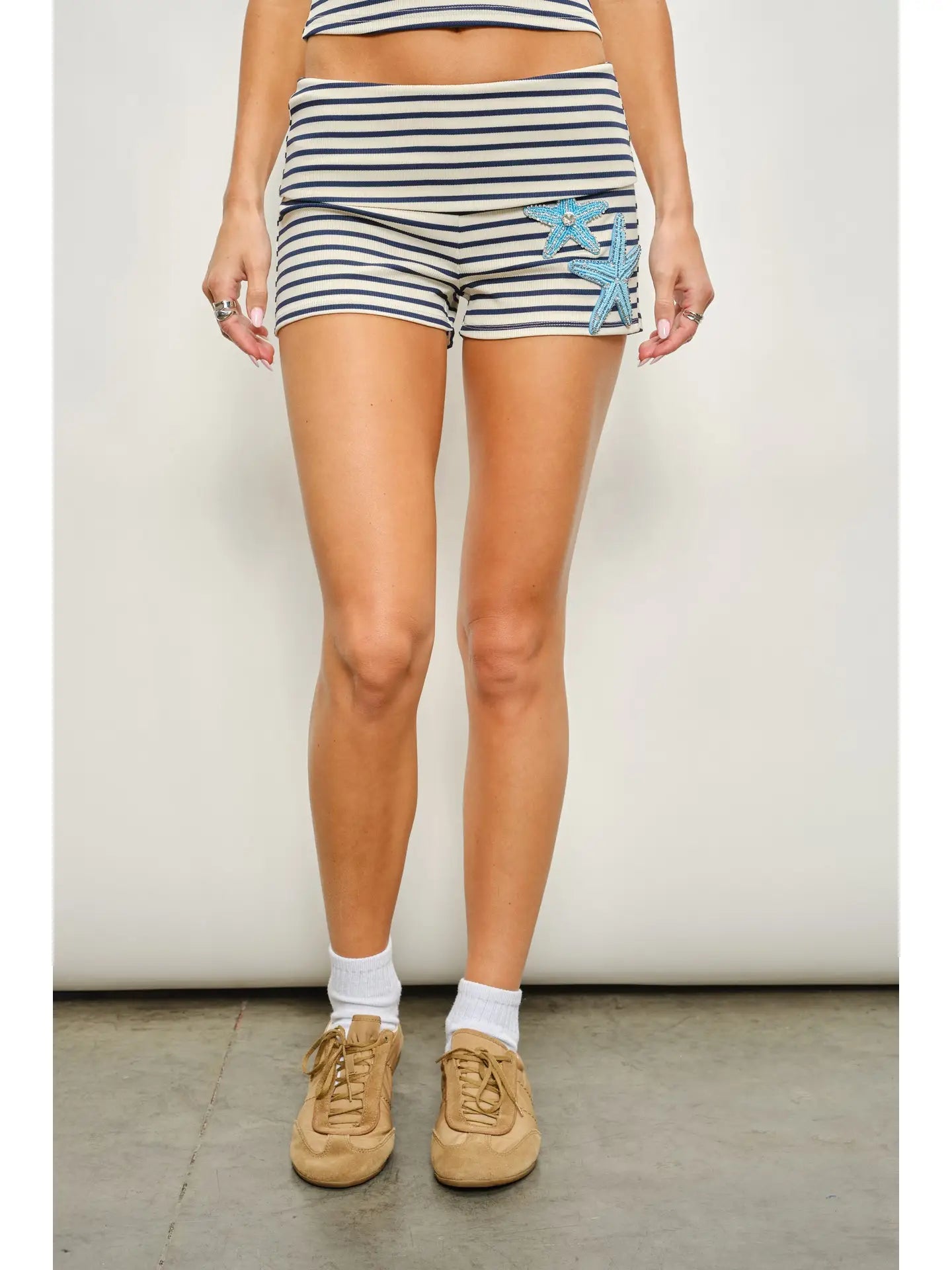 Striped Starfish Embellished Knit Shorts