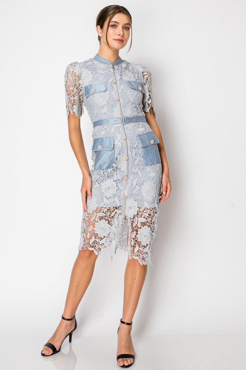 Lace Short Sleeve Zipper Closure Midi Dress