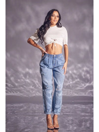 High Rise Distressed Boyfriend Jeans with Rhinestone Detail