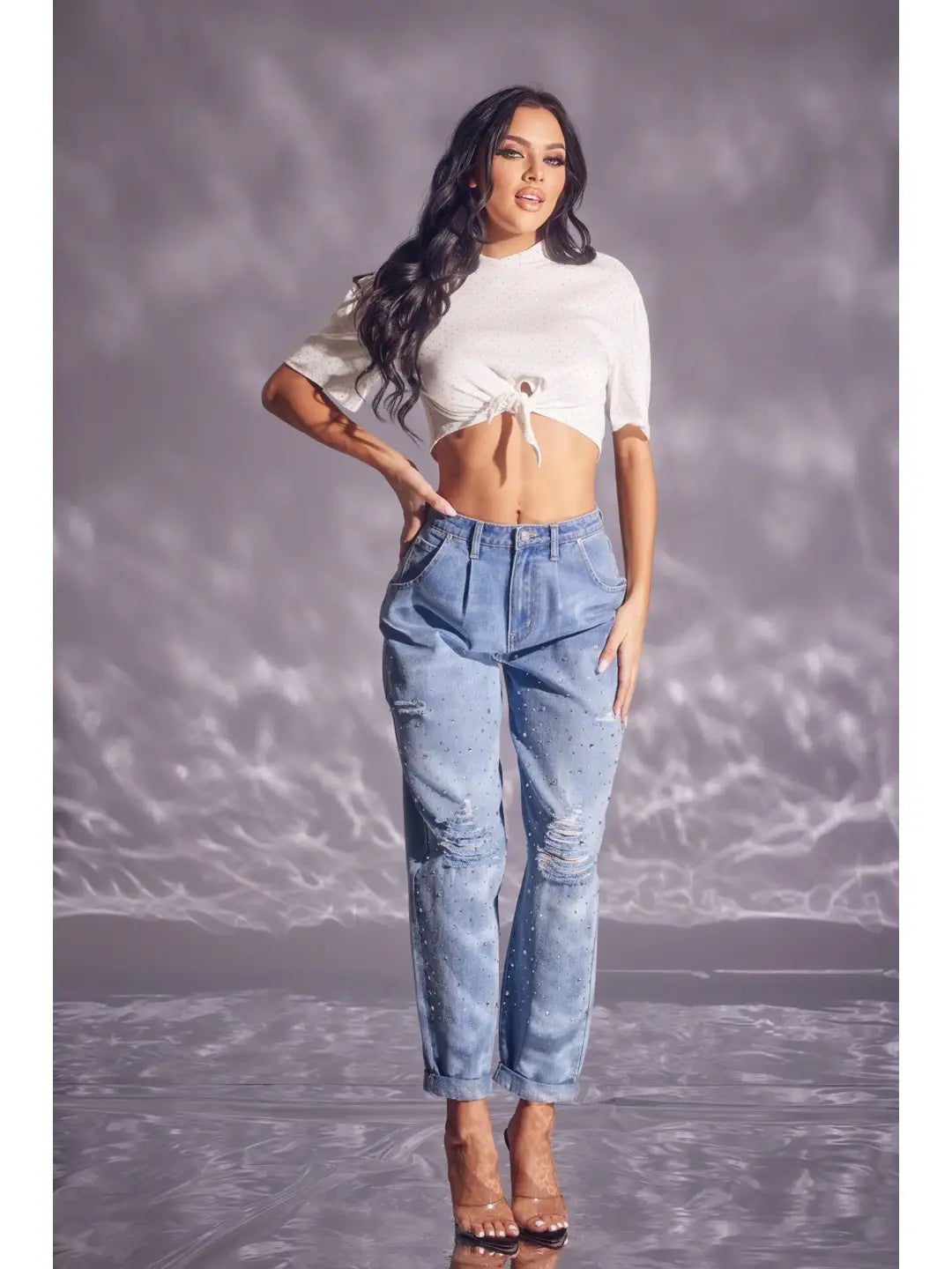 High Rise Distressed Boyfriend Jeans with Rhinestone Detail