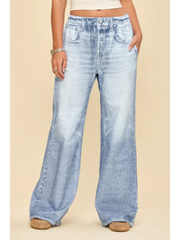 High Rise Elastic Waist Wide Leg Jeans in Light Denim