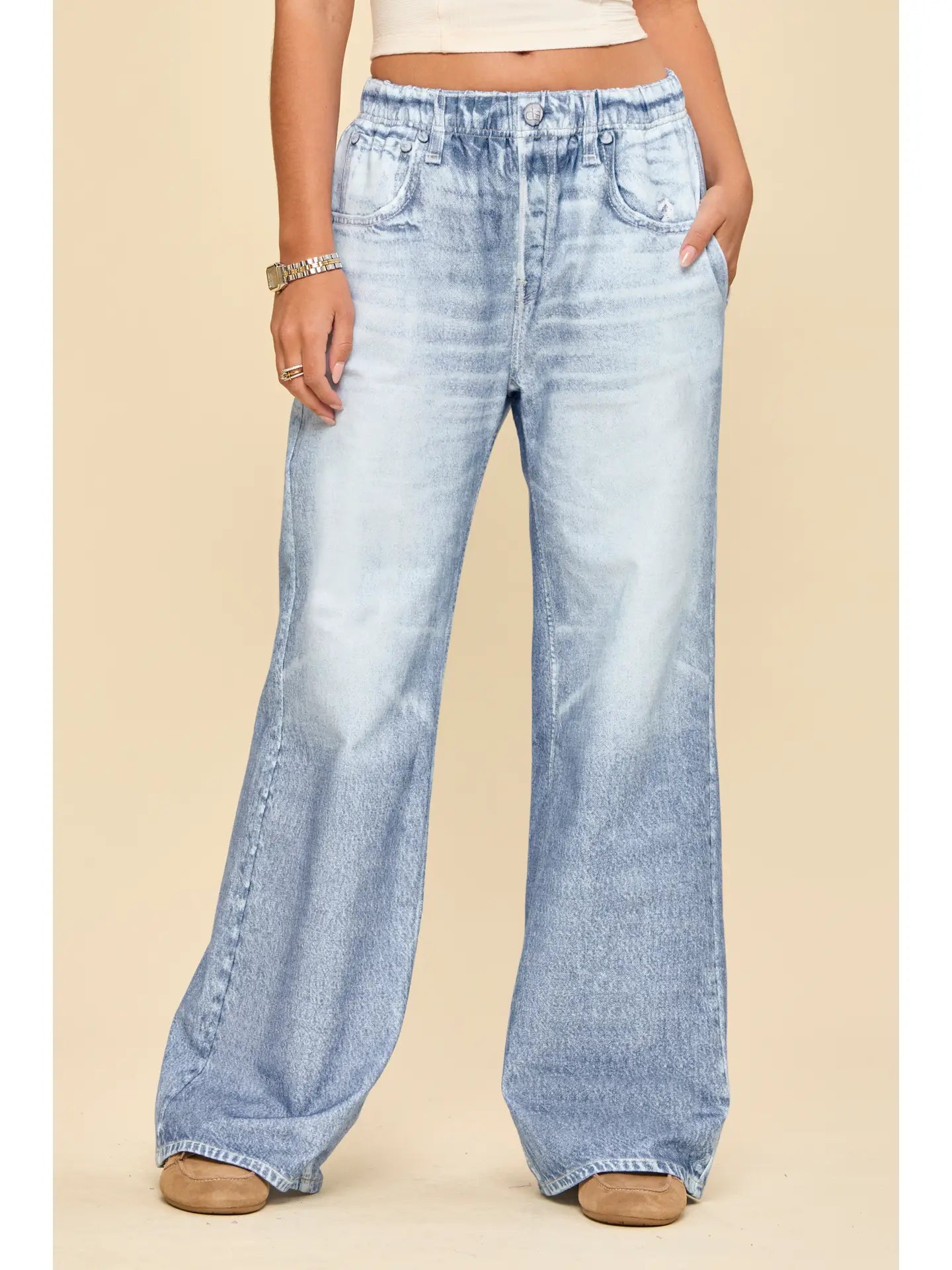 High Rise Elastic Waist Wide Leg Jeans in Light Denim