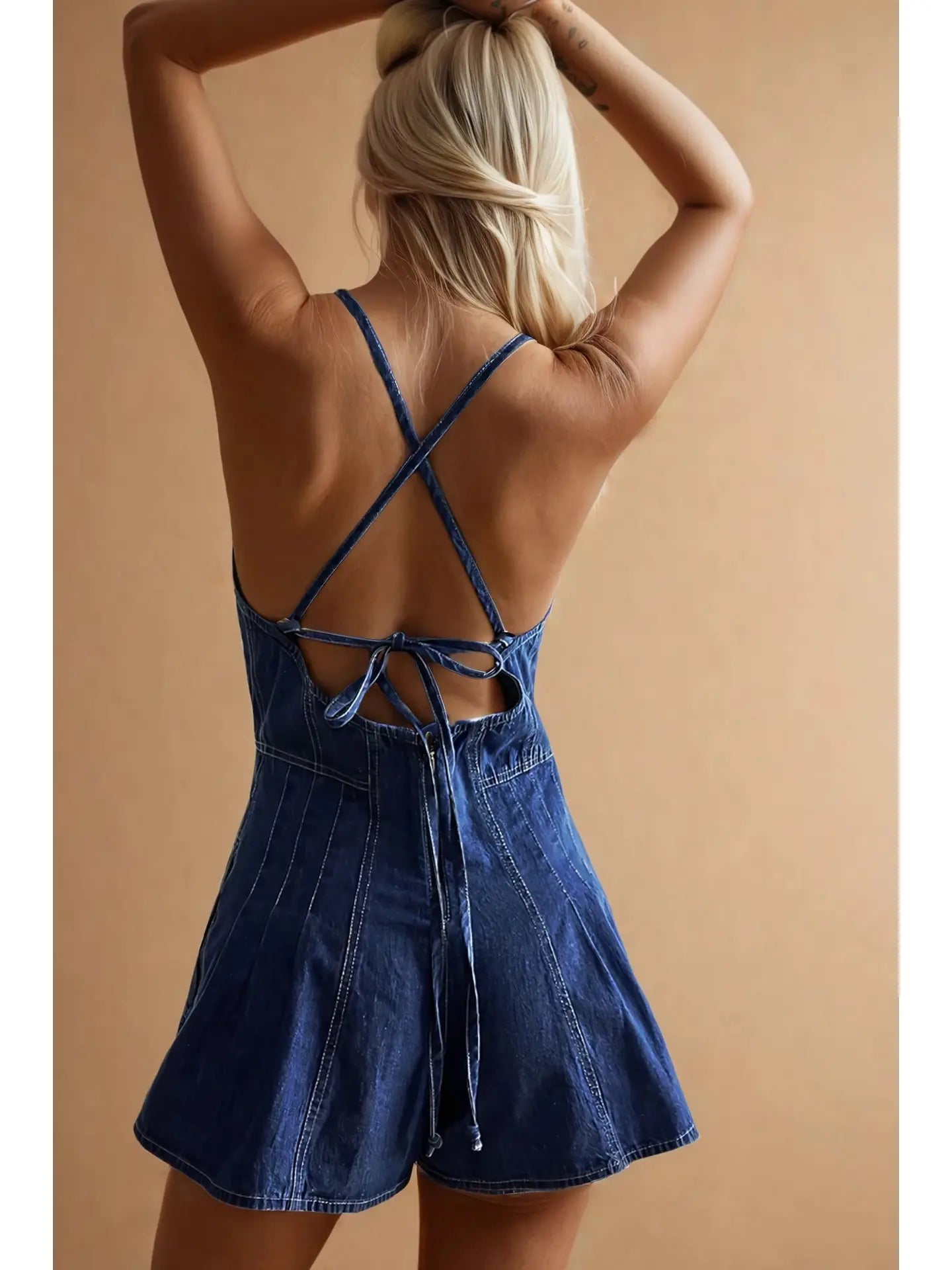 Denim Crisscross Back Tie Mini Romper