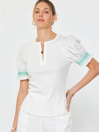 White Puff Sleeve Smocked Detail Blouse