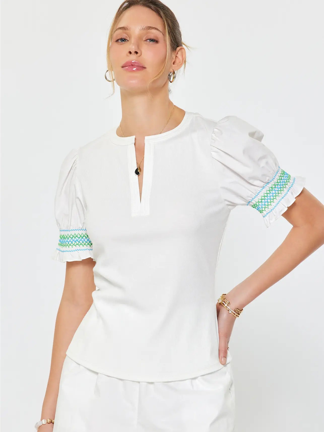 White Puff Sleeve Smocked Detail Blouse