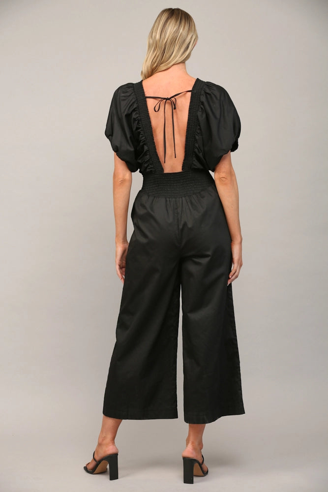 Wide Leg Puff Sleeve Jumpsuit in Classic Black