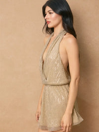Gold Metallic Halter Neck Backless Party Romper