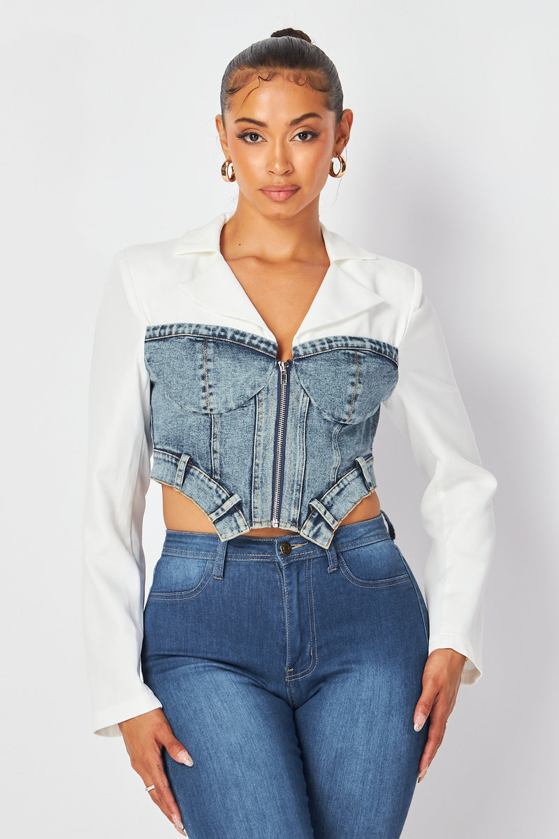 Long Sleeve Denim Corset with front zipper