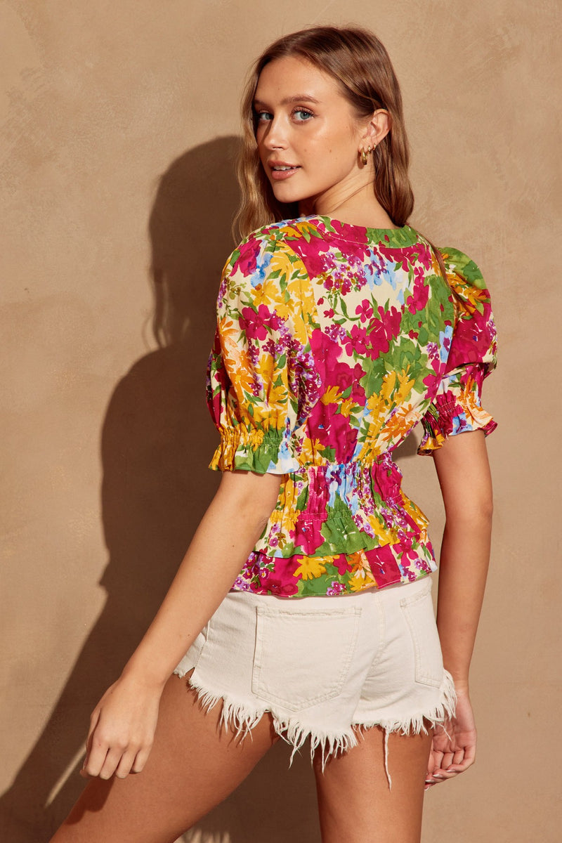 Bed of Flowers Puff Sleeve Ruffled Top