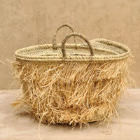 Fringe Straw Tote Bag with Handwoven Handles and Natural Raffia Detail