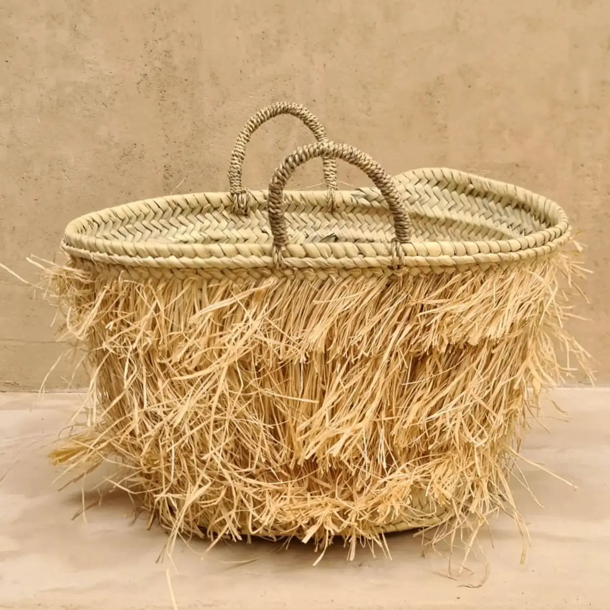 Fringe Straw Tote Bag with Handwoven Handles and Natural Raffia Detail