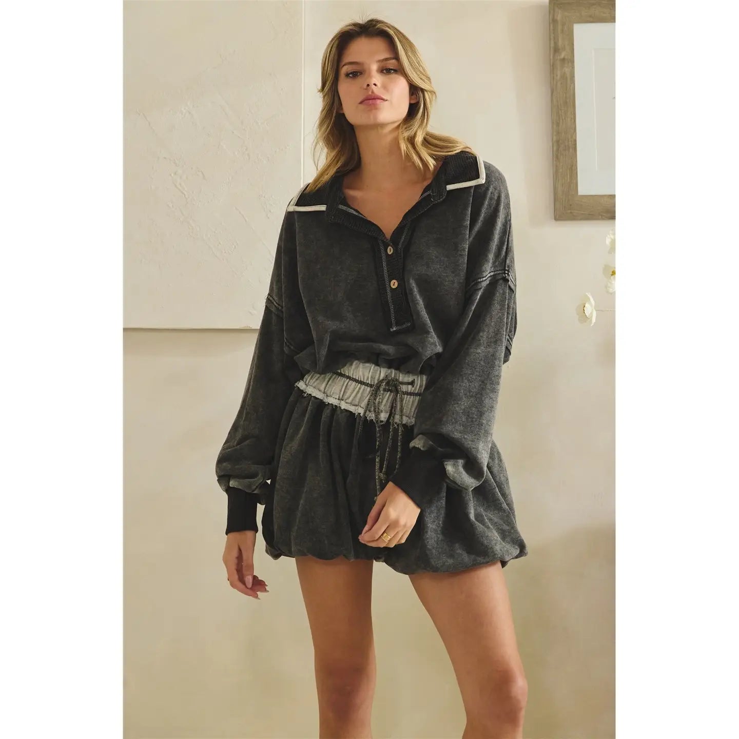 Washed Charcoal Henley Style Bubble Hem Romper