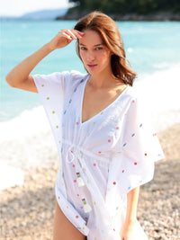 Multicolor Embroidered Tassel Tie Beach Cover-Up Kaftan
