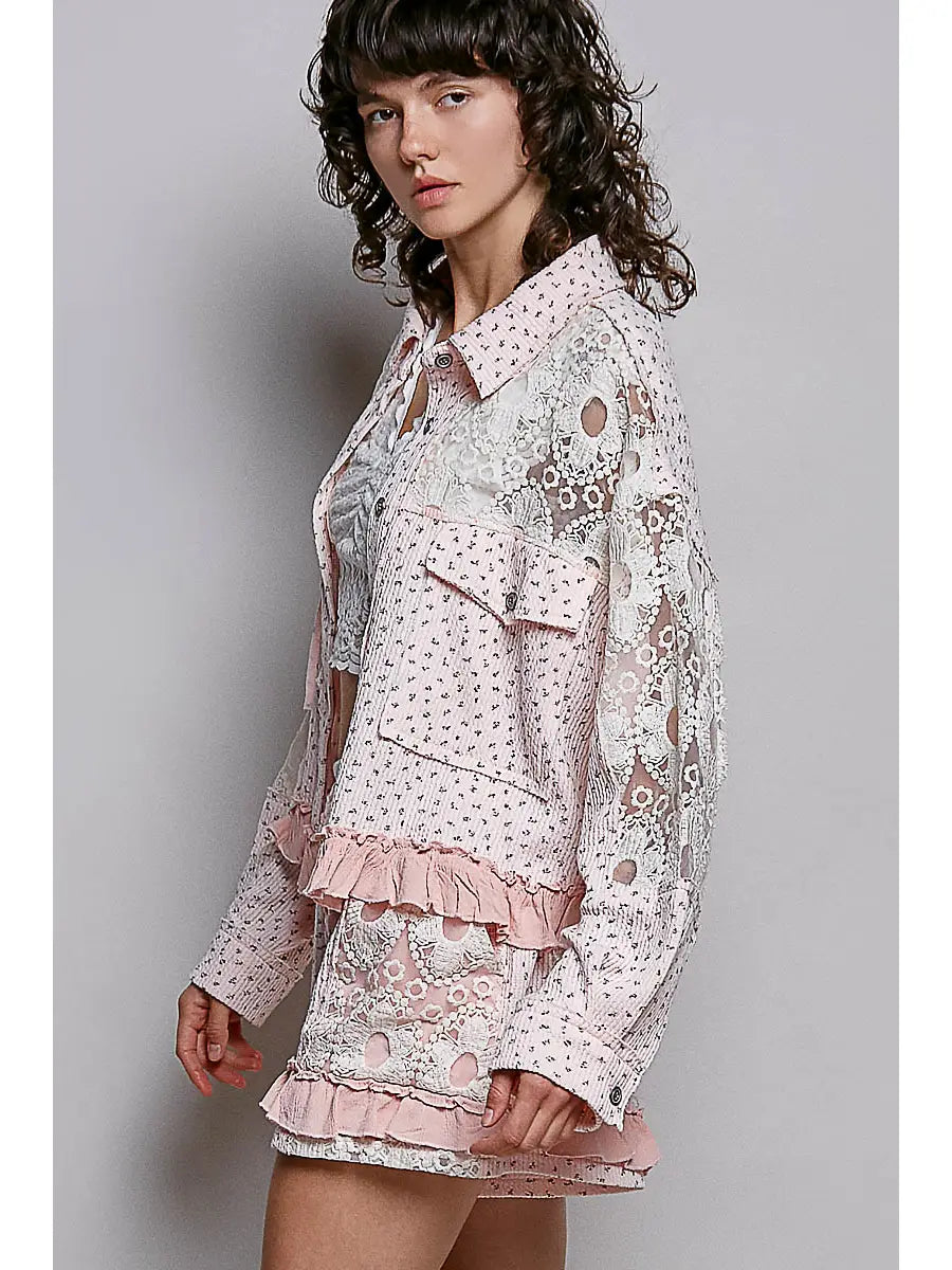 Blush Pink Lace Patchwork Ruffle Hem Jacket