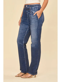High Rise Elastic Waist Straight Leg Jeans in Dark Denim Ombre Wash
