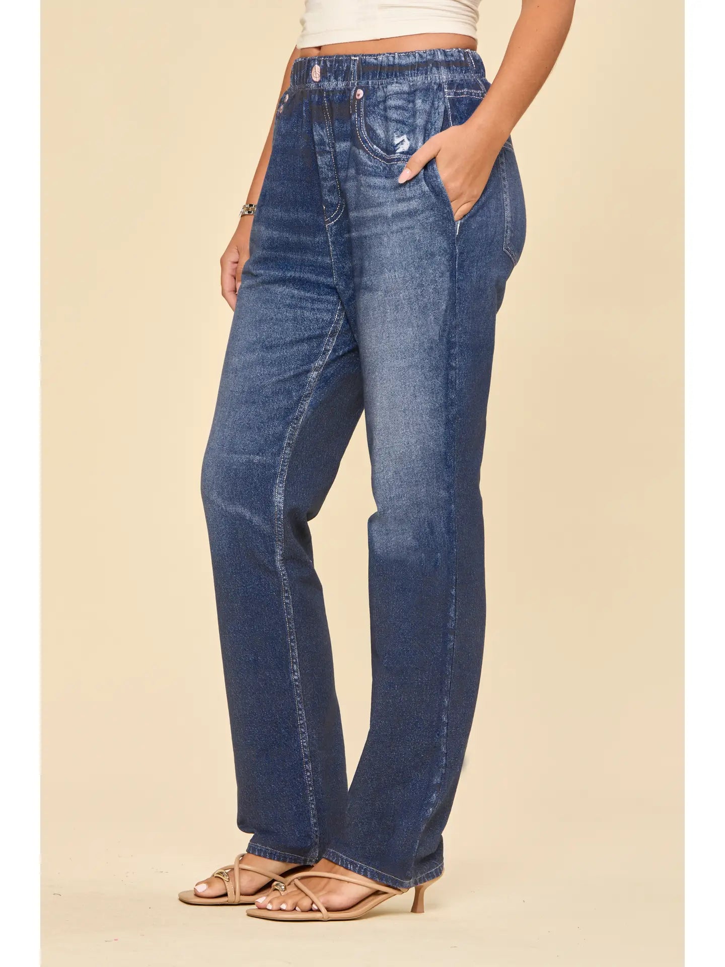 High Rise Elastic Waist Straight Leg Jeans in Dark Denim Ombre Wash
