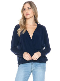 Navy Long Sleeve Surplice Blouse – Soft Draped V-Neck Collared Top