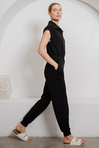 Black Zip Front Sleeveless Jogger Jumpsuit