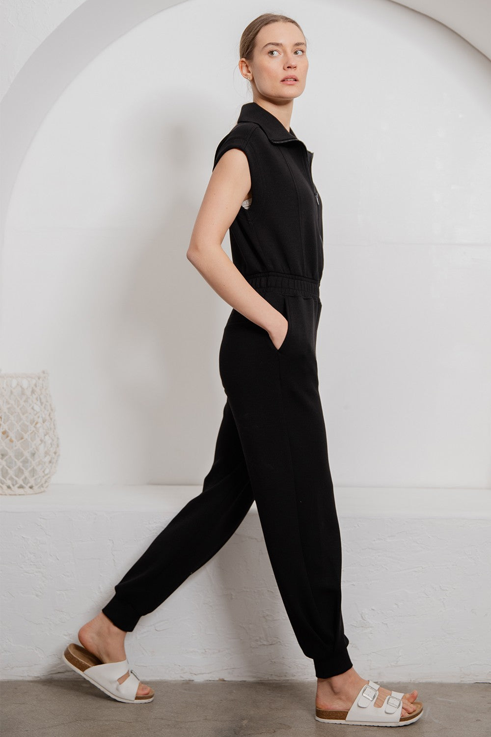 Black Zip Front Sleeveless Jogger Jumpsuit