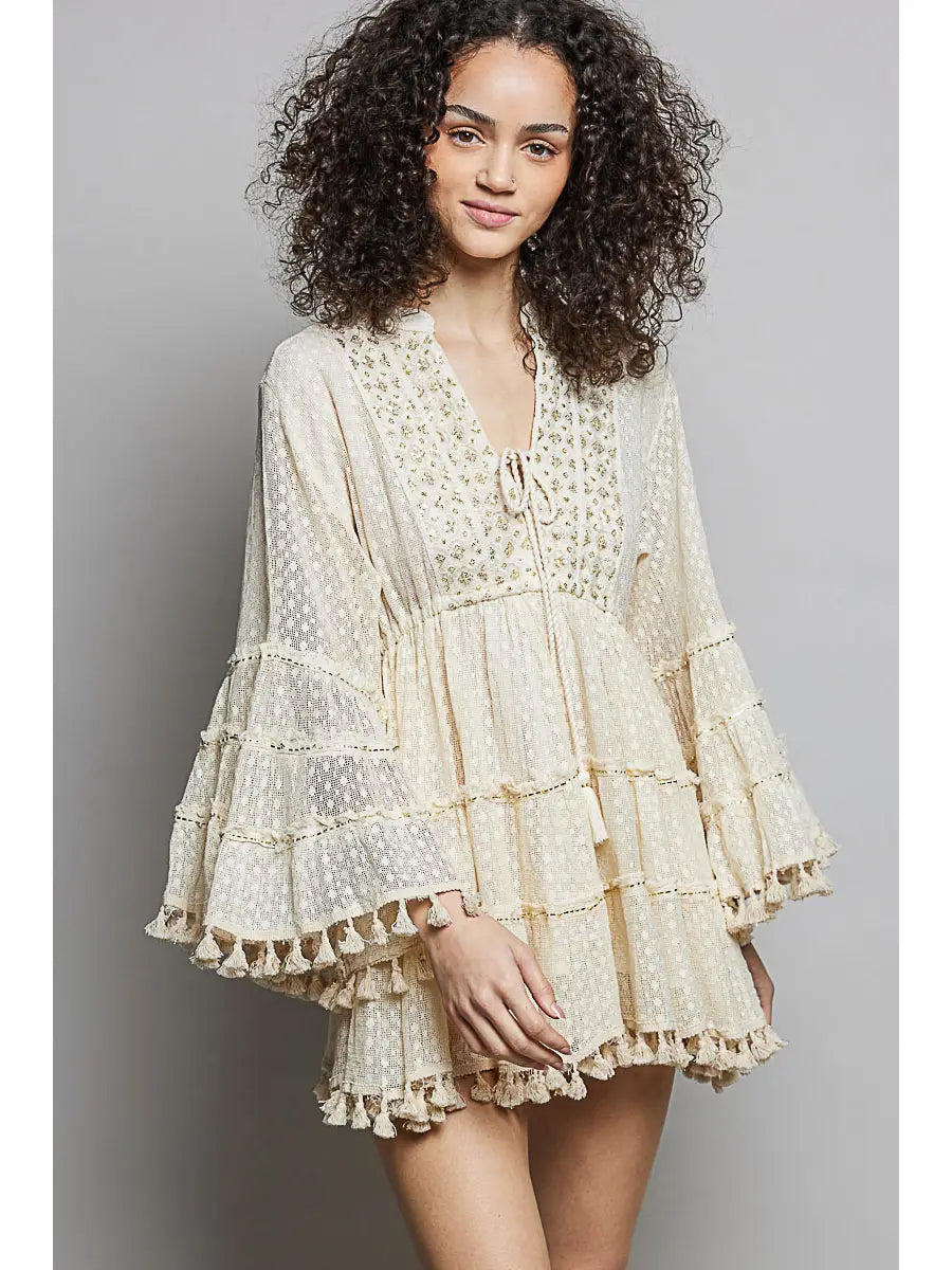 Boho Cream Lace Tassel Tiered Mini Dress