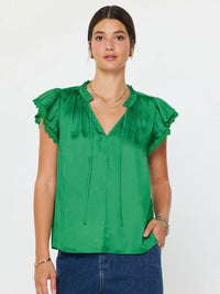Emerald Green Ruffle Sleeve V-Neck Blouse