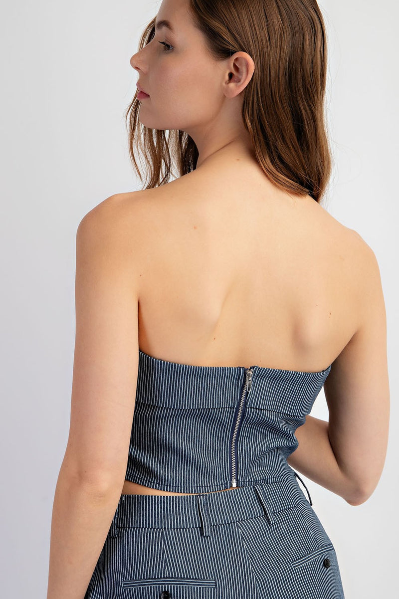 STRETCH DENIM STRIPE PLEATS DETAIL TUBE TOP