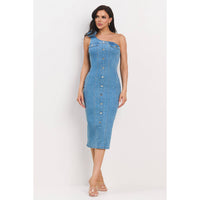 Denim Corsage One Shoulder Midi Dress