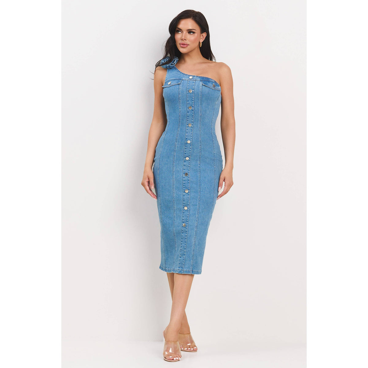 Denim Corsage One Shoulder Midi Dress