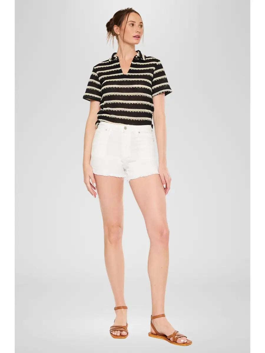 High Rise White Denim Shorts with Raw Hem