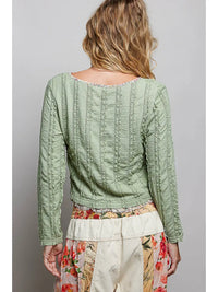 Green Textured Lace Trim Cropped Knit Top
