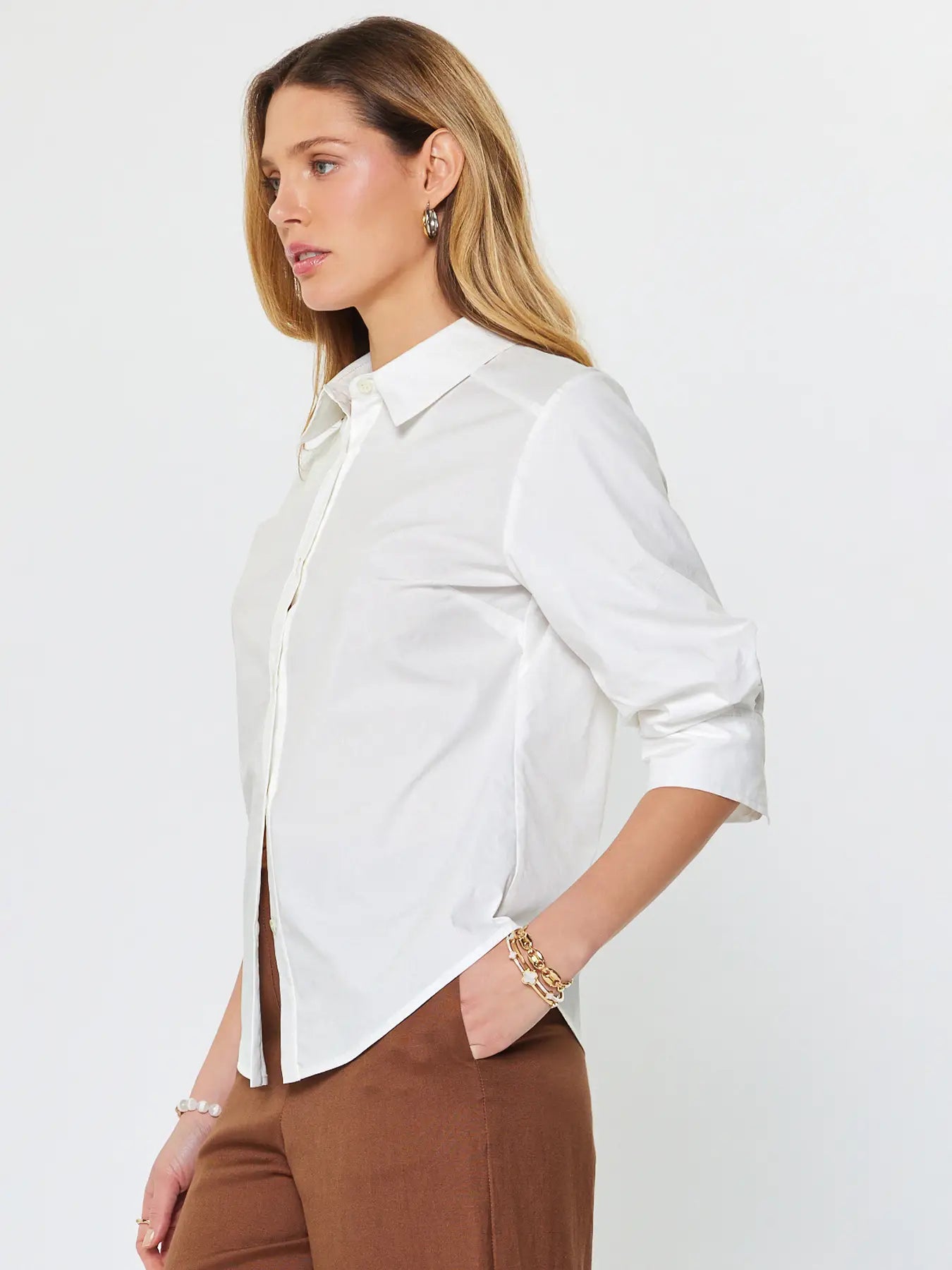 White Button-Down Collared Shirt with Rolled Sleeves