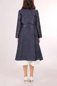 Blue Textured Belted Midi Coat