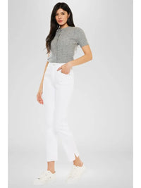 High Rise White Straight Leg Cropped Jeans with Raw Hem