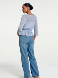 Light Blue Textured Knit Peplum Top with Tie Front