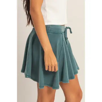 Green Washed Flowy Lounge Skort with Drawstring Waist