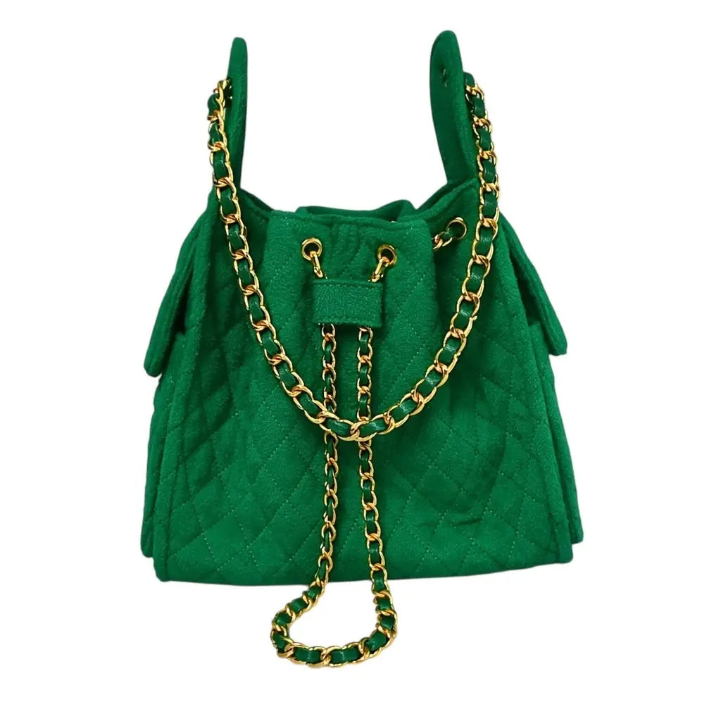 Quilted Bucket Large Bag with Gold Chain Strap and Drawstring Closure