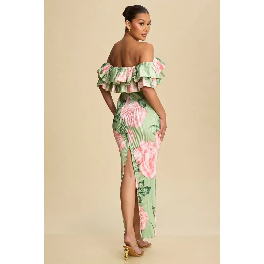 Floral Off-Shoulder Ruffle Maxi Dress in Sage and Pink L Floral Off-Shoulder Ruffle Maxi Dress in Sage and Pink L