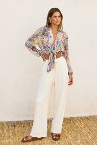 Tropical Lilac & Green Tie-Front Sheer Blouse