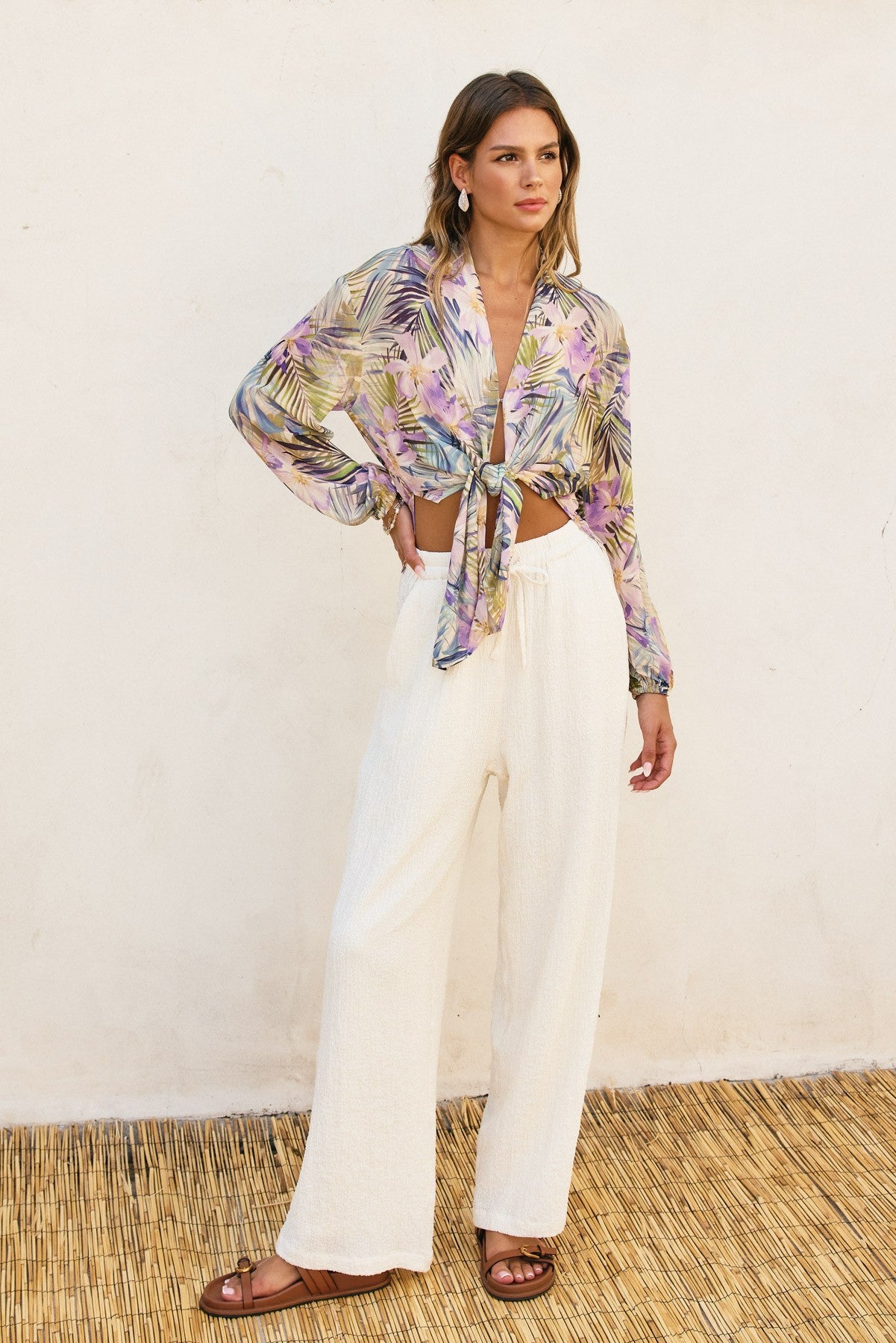 Tropical Lilac & Green Tie-Front Sheer Blouse