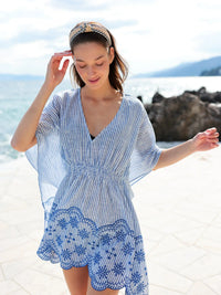 Blue Stripe Embroidered Scallop Hem Beach Cover-Up Dress