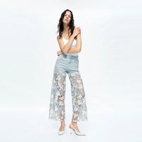 Light Wash Wide Leg Jeans with Sheer Floral Lace Panels