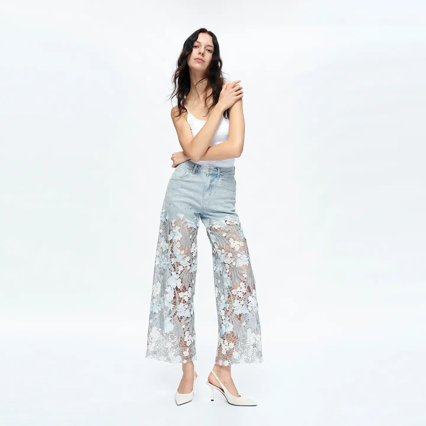 Light Wash Wide Leg Jeans with Sheer Floral Lace Panels