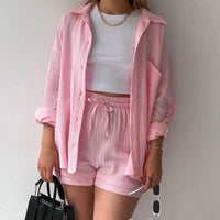 Relaxed Button-Up Shirt and Drawstring Shorts Two-Piece Set